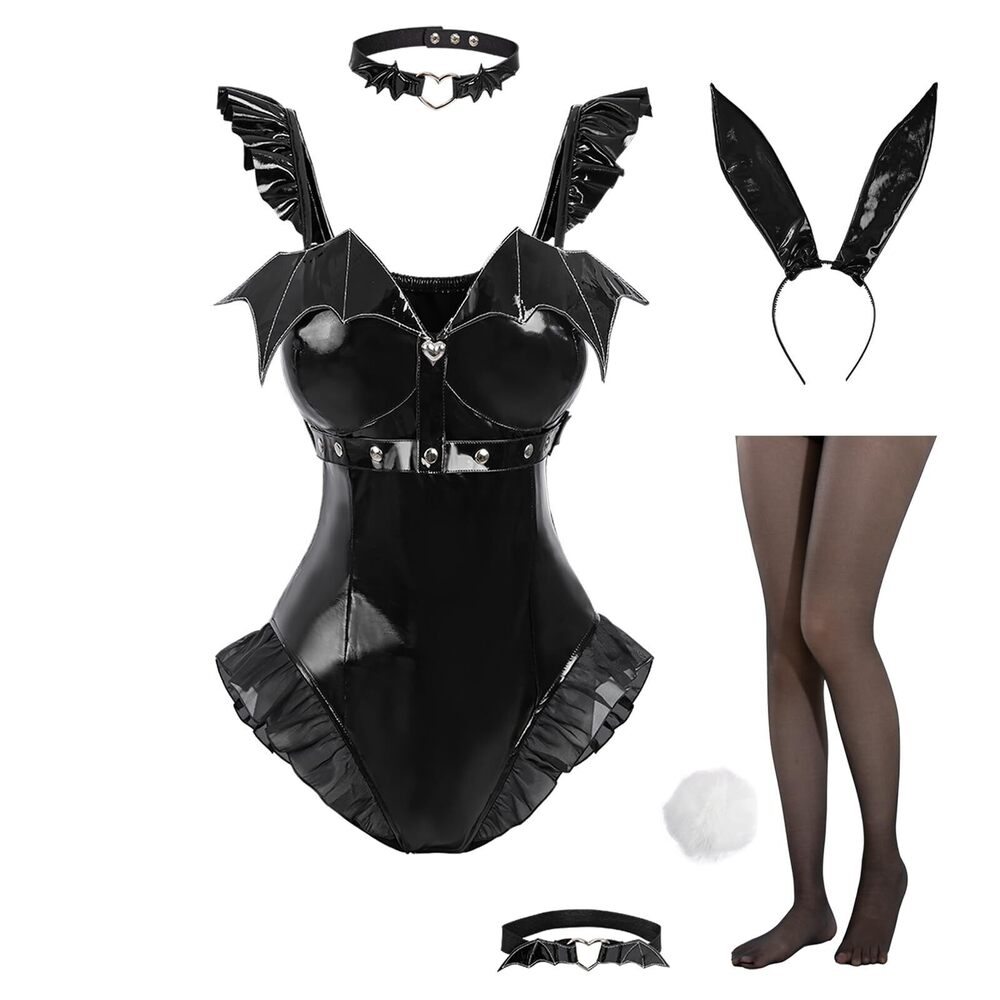 3593 Bunny Suit Bat Bunny Cosplay Costume Black Bodysuit with Choker, Large